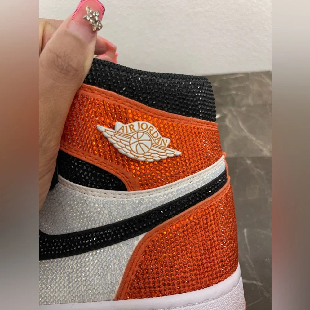 Custom Black, Orange & White Rhinstone Nike Air Jordan Sneakers, Men's 8/ Womens